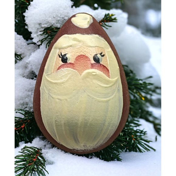 Vintage Christmas Egg Shaped Santa Face Brooch Pin Hand Painted Wood Santa Head - Picture 1 of 6